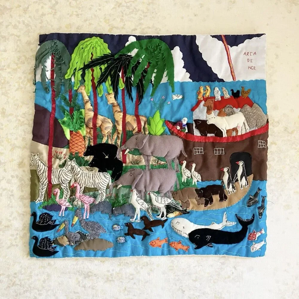 Vintage Peruvian Arpillera Noahs Ark 3D Applique Folk Art Textile Tapestry Peru